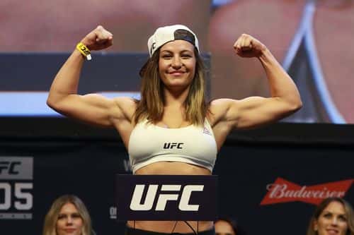 Miesha Tate reacts during UFC 205 Weigh-ins at Madison Square Garden on November 11, 2016 in New York City.