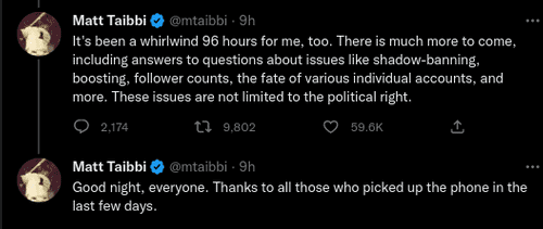 The concluding tweets of the over 30-tweets long Twitter thread (@mtaibbi/Twitter)