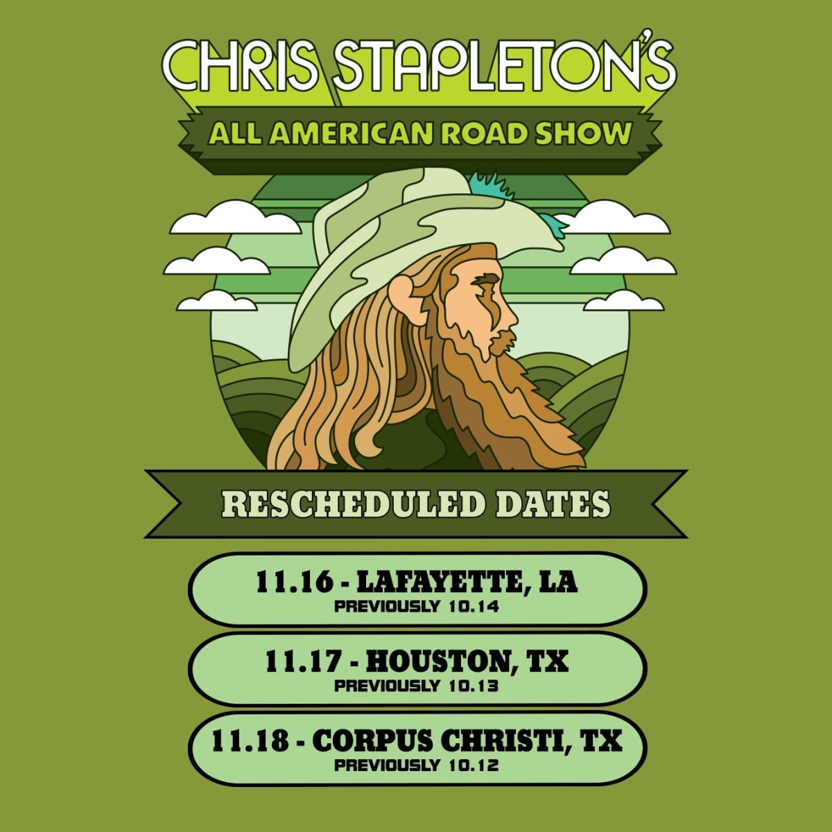 Rescheduled dates of Chris Stapleton's 'All-American Road Show Tour' (@chrisstapleton/Instagram)