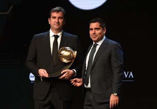 Riccardo Silva presents Ferran Soriano with The Sport Business Award during the Globe Soccer Awards 2017 on December 28, 2017 in Dubai, United Arab Emirates.
