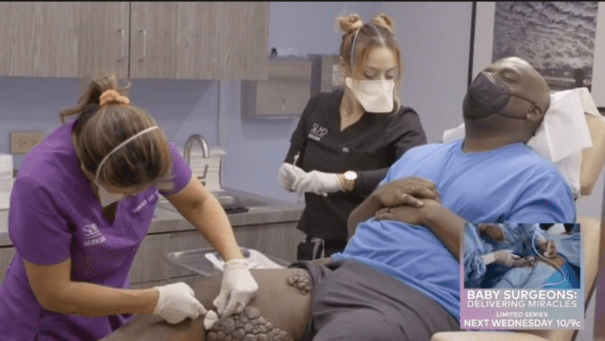 Dr Sandra Lee doing a biopsy on James in 'Dr Pimple Popper' Season 8 (TLC)