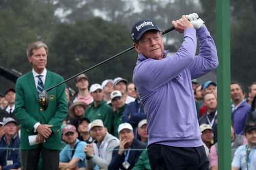 Honorary starter and Masters champion Tom Watson plays his opening tee shot from from the first tee during the opening ceremony prior to the start of the first round of the Masters at Augusta National Golf Club on April 07, 2022 in Augusta, Georgia.