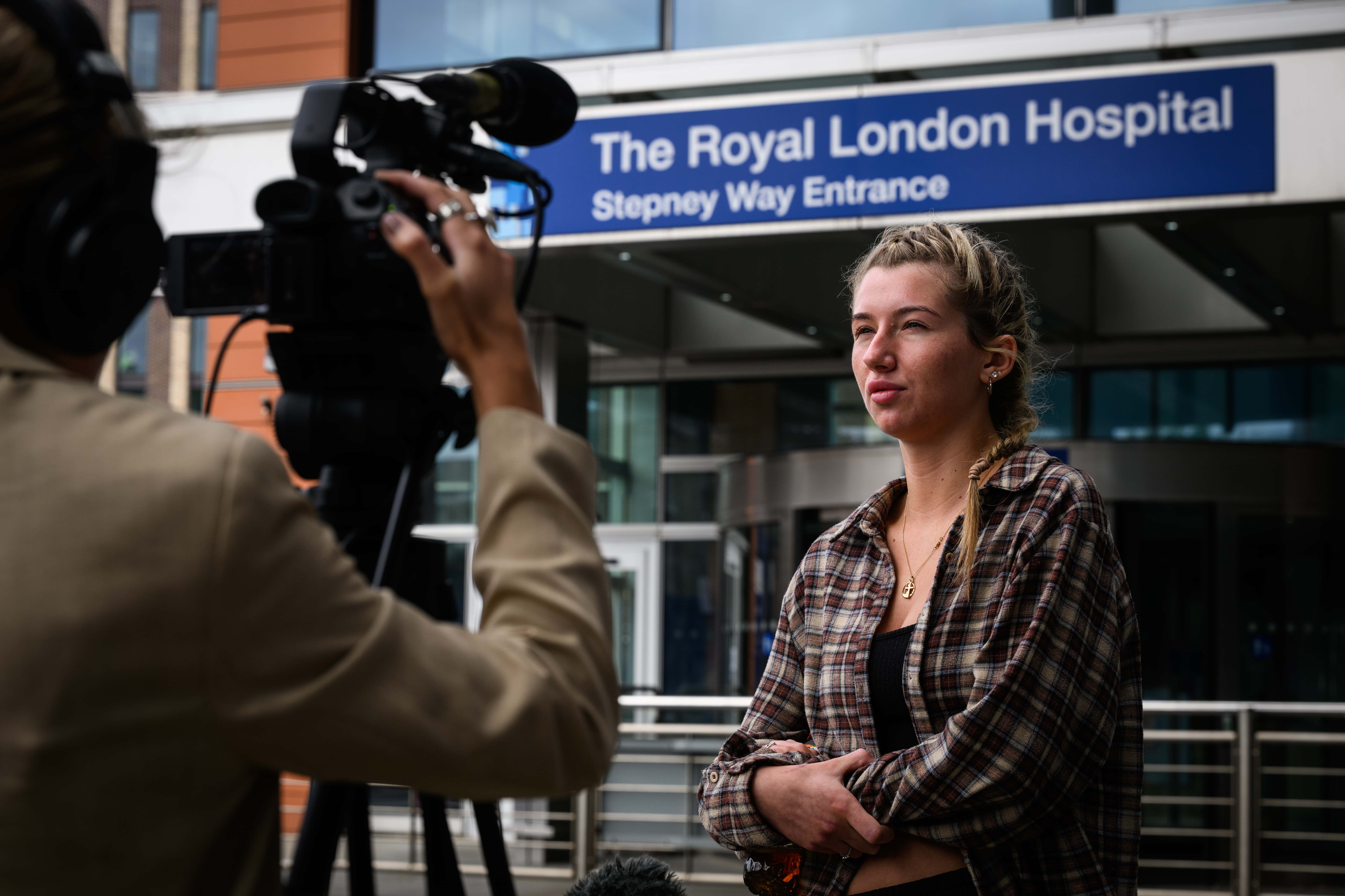 Ella Carter, the sister-in-law of Archie Battersbee, is interviewed by media outside the Royal London Hospital on August 02, 2022 in London, England. Hollie Dance and Paul Battersbee, the parents of Archie Battersbee, 12, have been fighting against the Doctors treating their son who have concluded that he is brain-stem dead and that continued life-support treatment is not in his best interests. (Photo by Leon Neal/Getty Images)