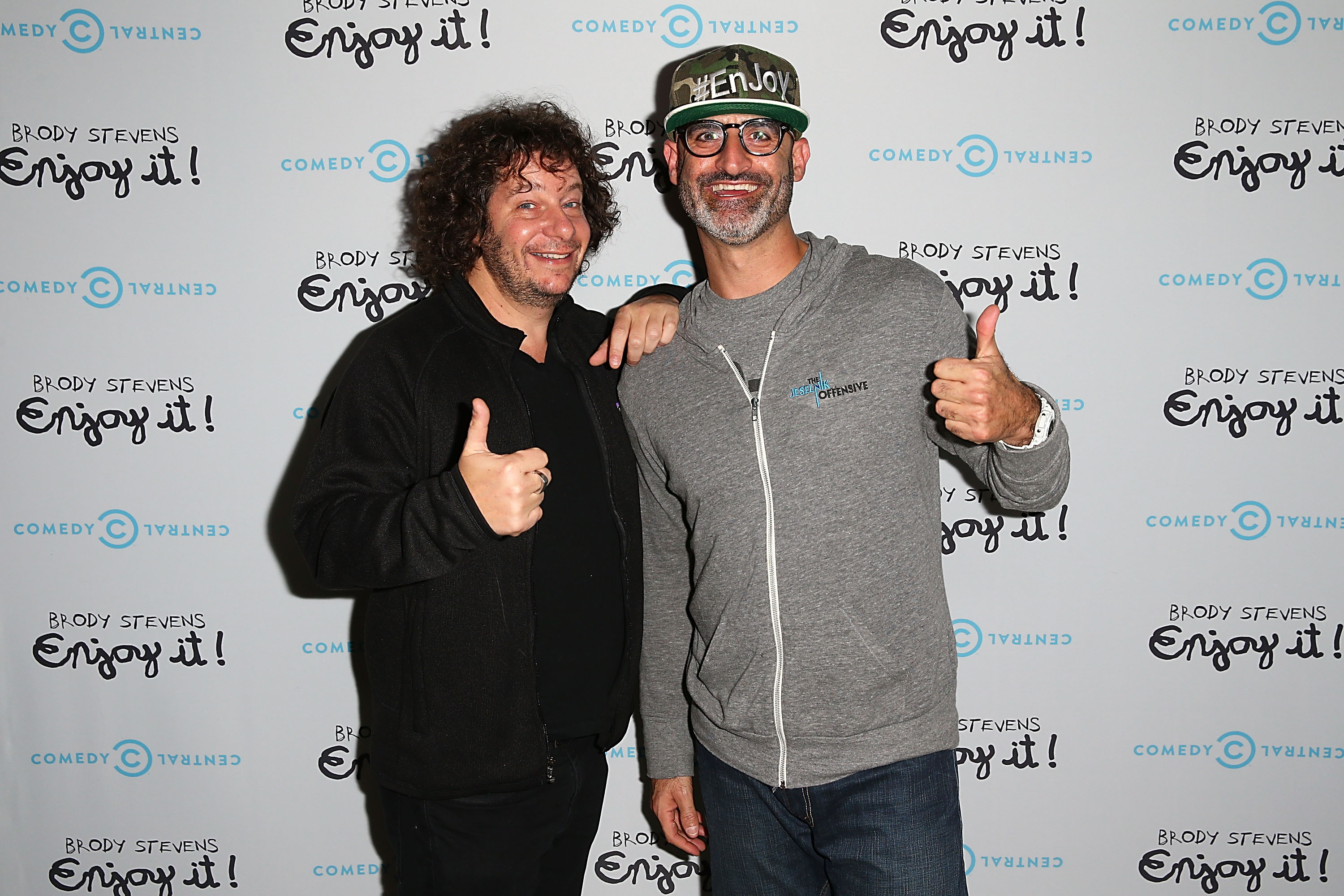 Comedians Jeff Ross and Brody Stevens arrive at the 'Brody Stevens: Enjoy It!' Premiere Party at Smogshoppe on November 21, 2013, in Los Angeles, California. (Getty Images)