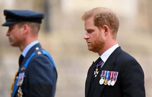 Prince William, Prince of Wales and Prince Harry, Duke of Sussex join the Procession following the State Hearse carrying the coffin of Queen Elizabeth II towards St George's Chapel on September 19, 2022 in Windsor, England. The committal service at St George's Chapel, Windsor Castle, took place following the state funeral at Westminster Abbey. A private burial in The King George VI Memorial Chapel followed. Queen Elizabeth II died at Balmoral Castle in Scotland on September 8, 2022, and is succeeded by her eldest son, King Charles III.