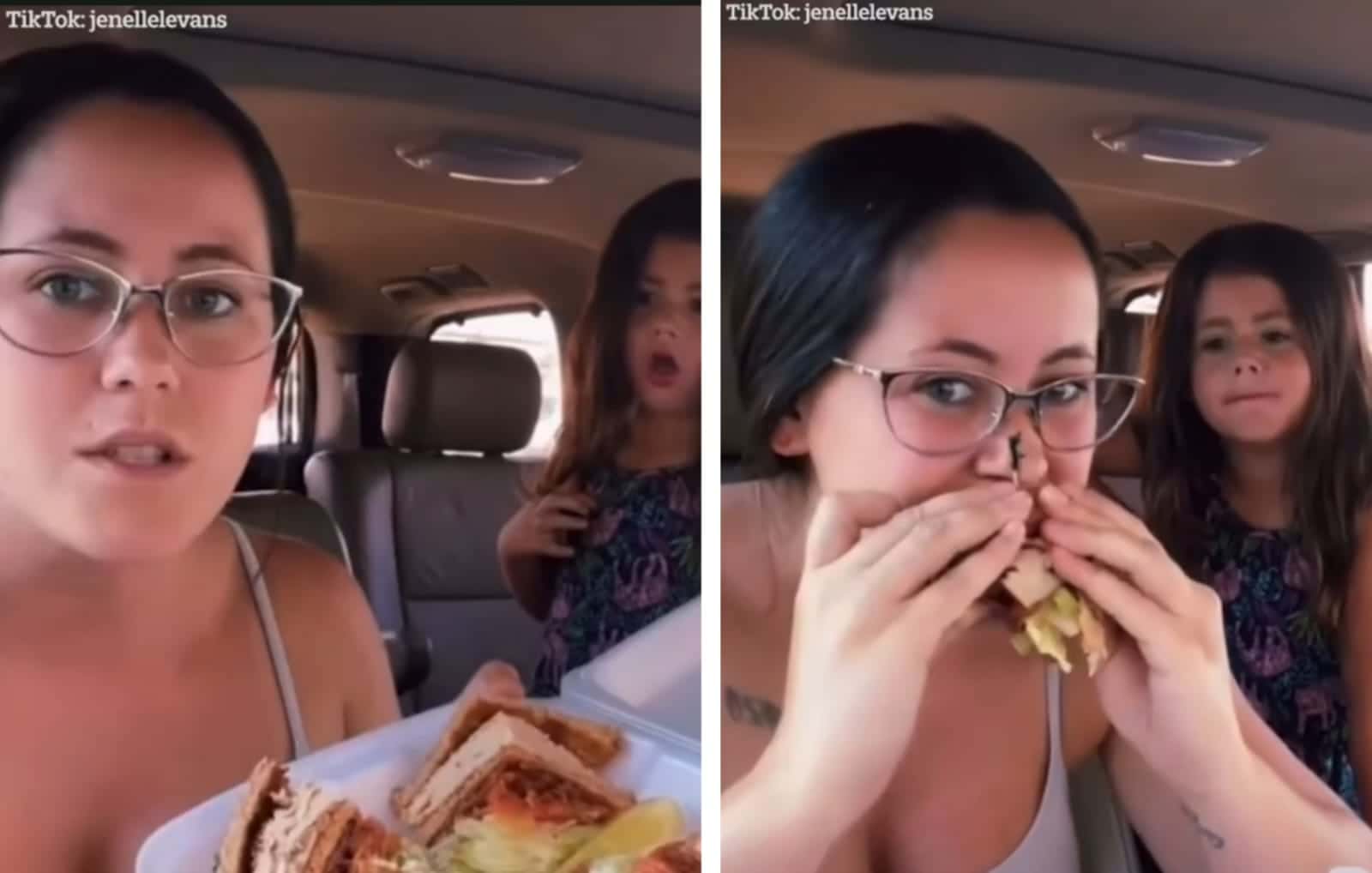 Jenelle ate her sandwich while her daughter asked for food. (Credits: Jenelle Evans/TikTok)