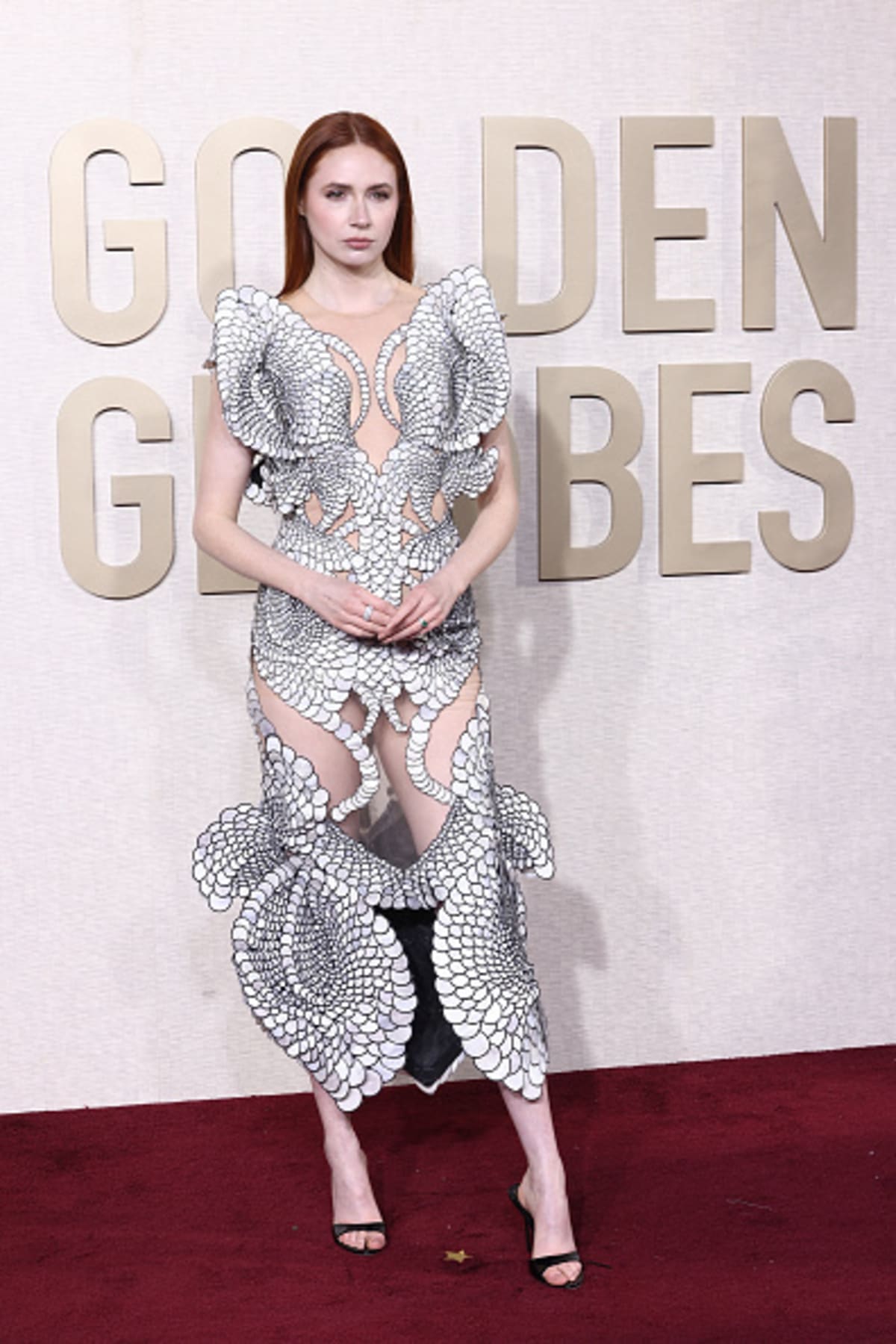 Karen Gillan attends the Golden Globes 2024 in a weird cutout gown (Photo by Tommaso Boddi/Golden Globes 2024/Golden Globes 2024 via Getty Images)