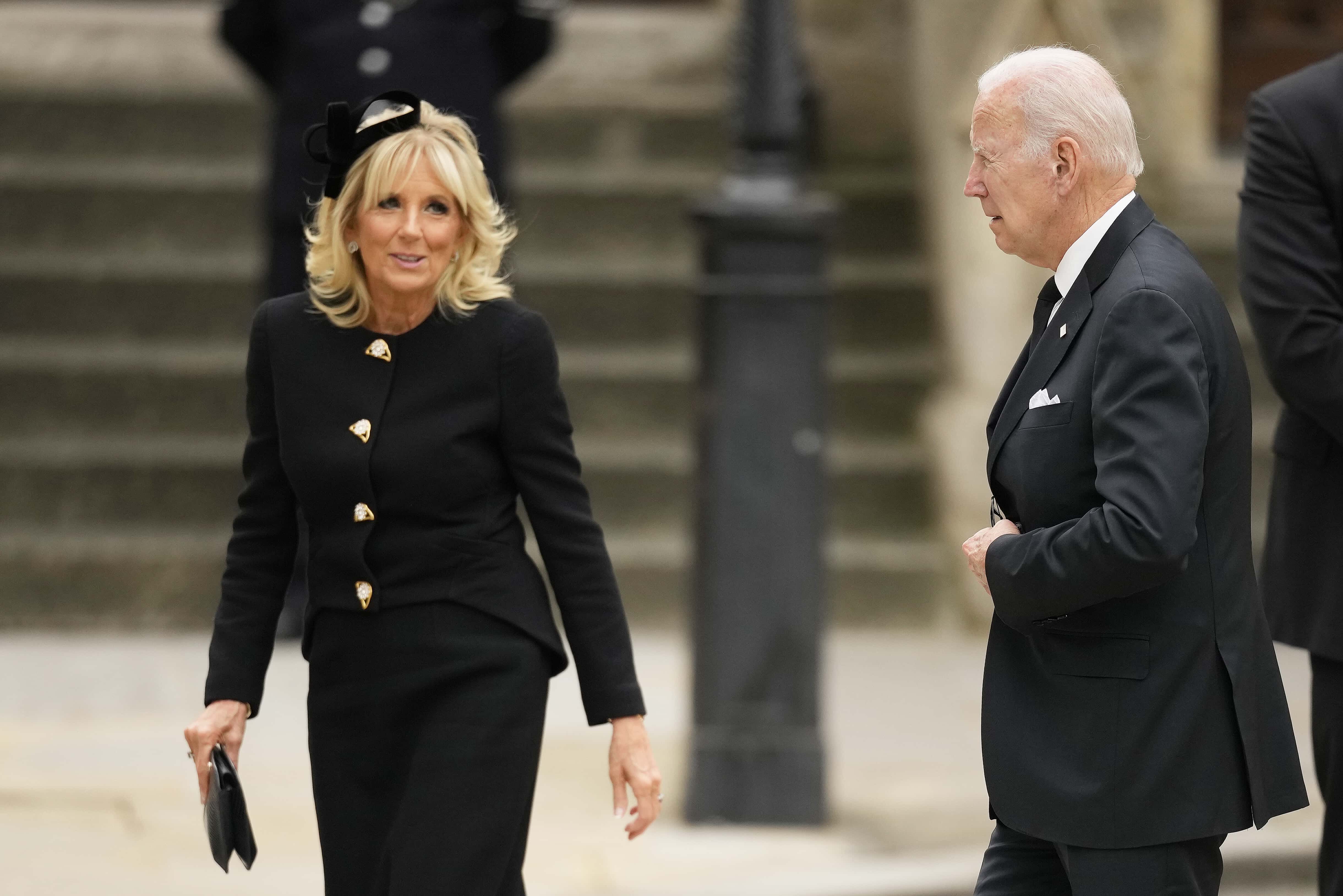 Jill Biden and U.S. President, Joe Biden arrive ahead of the State Funeral of Queen Elizabeth II at Westminster Abbey on September 19, 2022 in London, England. Elizabeth Alexandra Mary Windsor was born in Bruton Street, Mayfair, London on 21 April 1926. She married Prince Philip in 1947 and ascended the throne of the United Kingdom and Commonwealth on 6 February 1952 after the death of her Father, King George VI. Queen Elizabeth II died at Balmoral Castle in Scotland on September 8, 2022, and is succeeded by her eldest son, King Charles III.