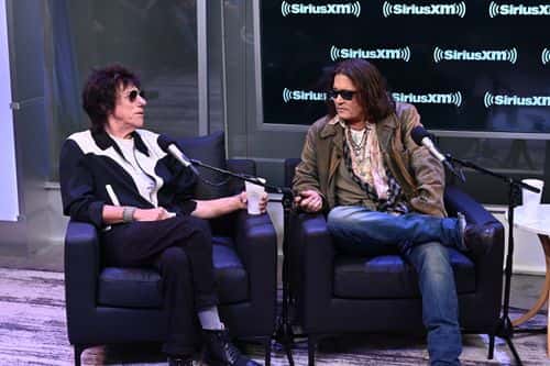 (L-R) Jeff Beck and Johnny Depp attend SiriusXM's Town Hall hosted by Steven Van Zandt in support of their new album ‘18’ on October 12, 2022 in New York City.
