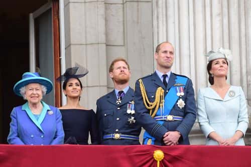 Queen Elizabeth II, Meghan, Duchess of Sussex, Prince Harry, Duke of Sussex, Prince William Duke of Cambridge and Catherine, Duchess of Cambridge watch the RAF 100th anniversary flypast from the balcony of Buckingham Palace on July 10, 2018 in London, England.