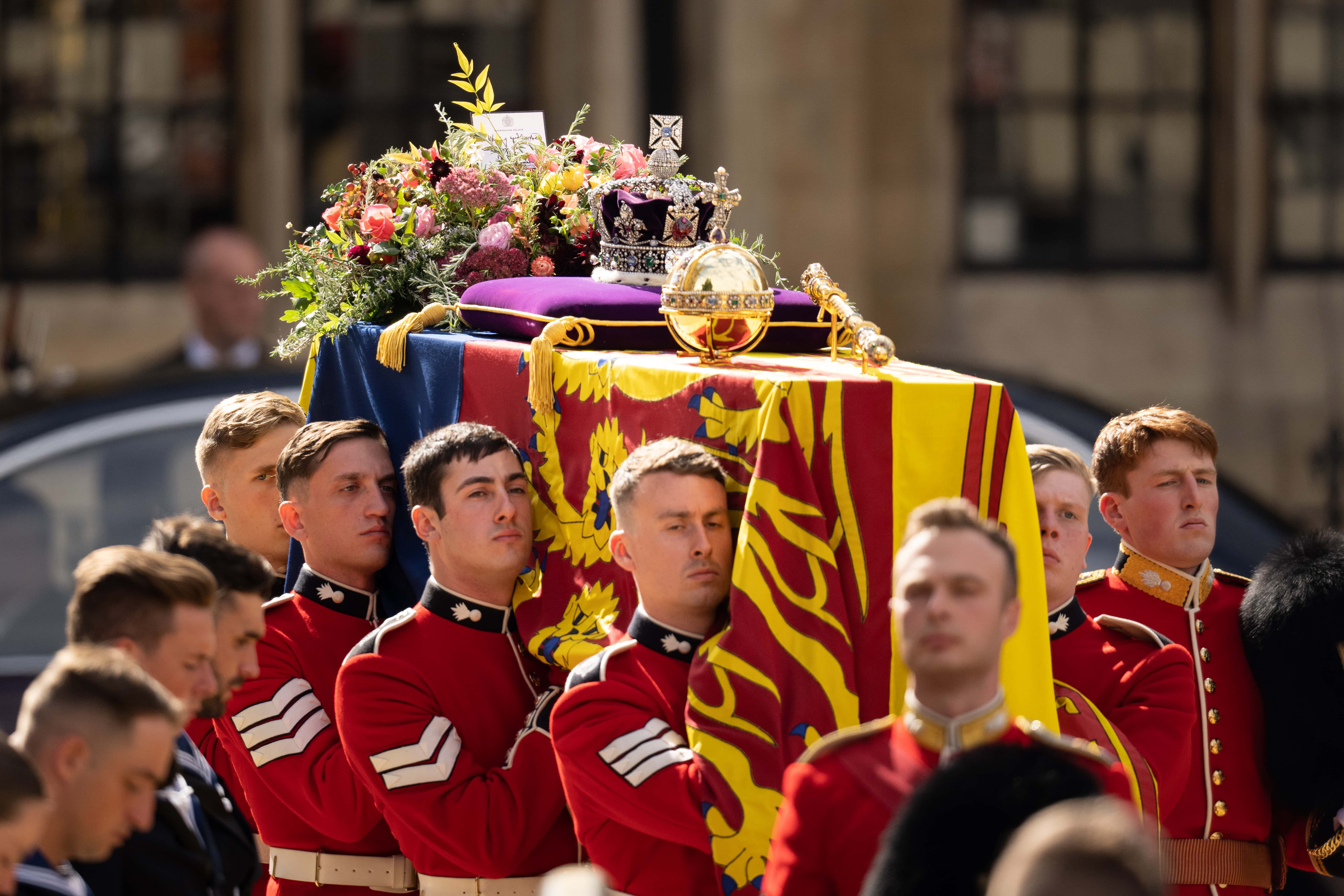The coffin of Queen Elizabeth II with the Imperial State Crown resting on top is carried by the Bearer Party as it departs Westminster Abbey during the State Funeral of Queen Elizabeth II on September 19, 2022 in London, England. Elizabeth Alexandra Mary Windsor was born in Bruton Street, Mayfair, London on 21 April 1926. She married Prince Philip in 1947 and ascended the throne of the United Kingdom and Commonwealth on 6 February 1952 after the death of her Father, King George VI. Queen Elizabeth II died at Balmoral Castle in Scotland on September 8, 2022, and is succeeded by her eldest son, King Charles III.