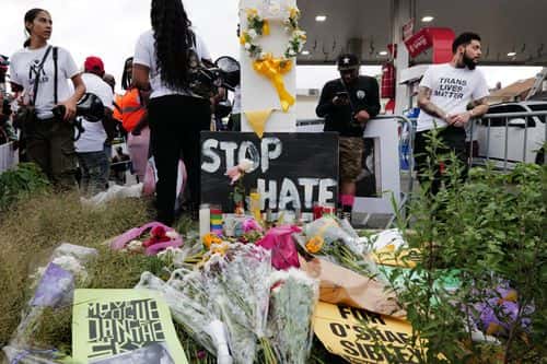 People gather at a memorial for O’Shae Sibley on August 04, 2023 in New York City. The memorial was held at the gas station where he was murdered last weekend while dancing with friends. Sibley and friends started 