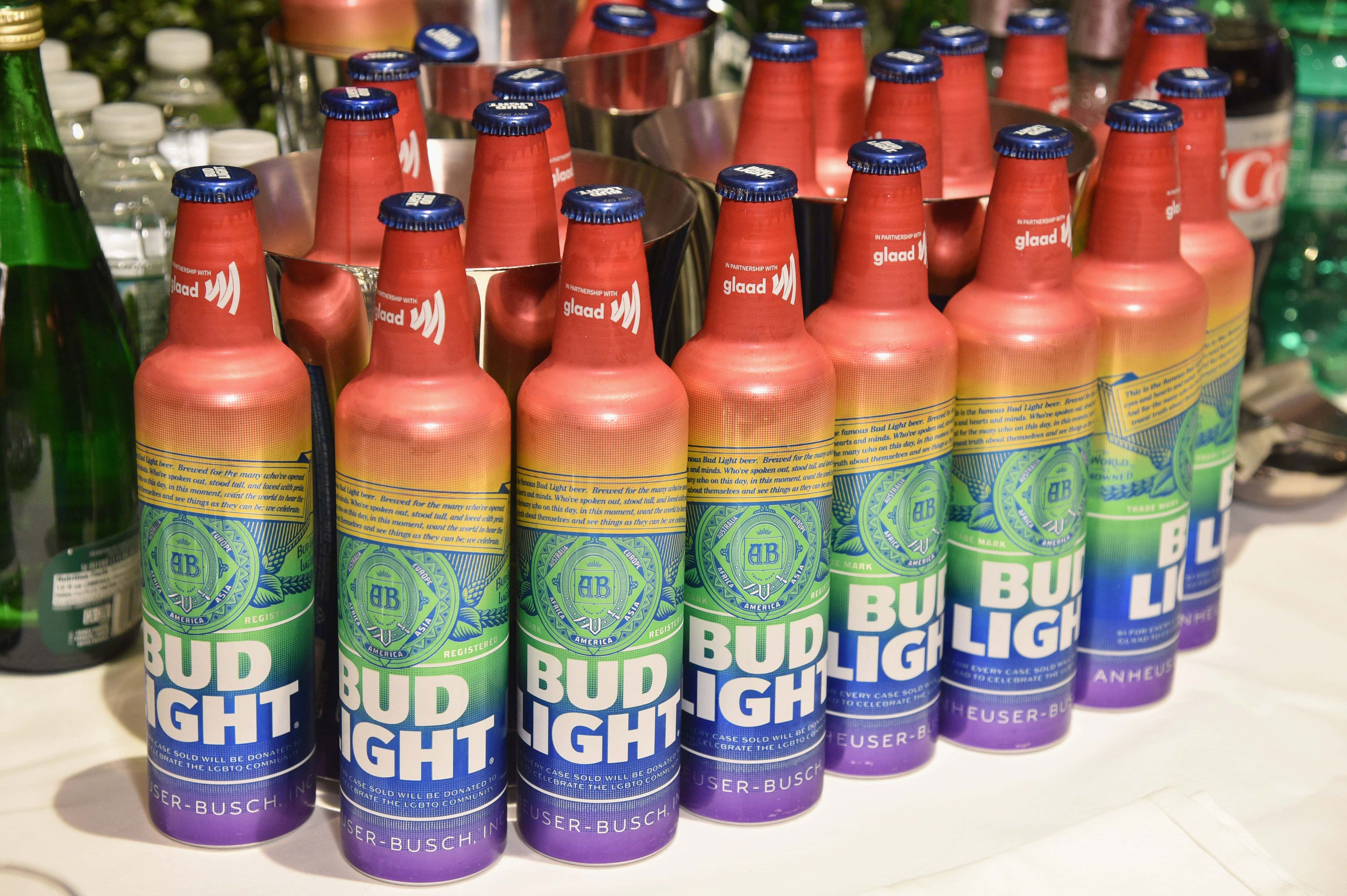 NEW YORK, NEW YORK - MAY 04: A view of rainbow bottles of Bud Light during the 30th Annual GLAAD Media Awards New York at New York Hilton Midtown on May 04, 2019 in New York City. (Photo by Bryan Bedder/Getty Images for GLAAD)
