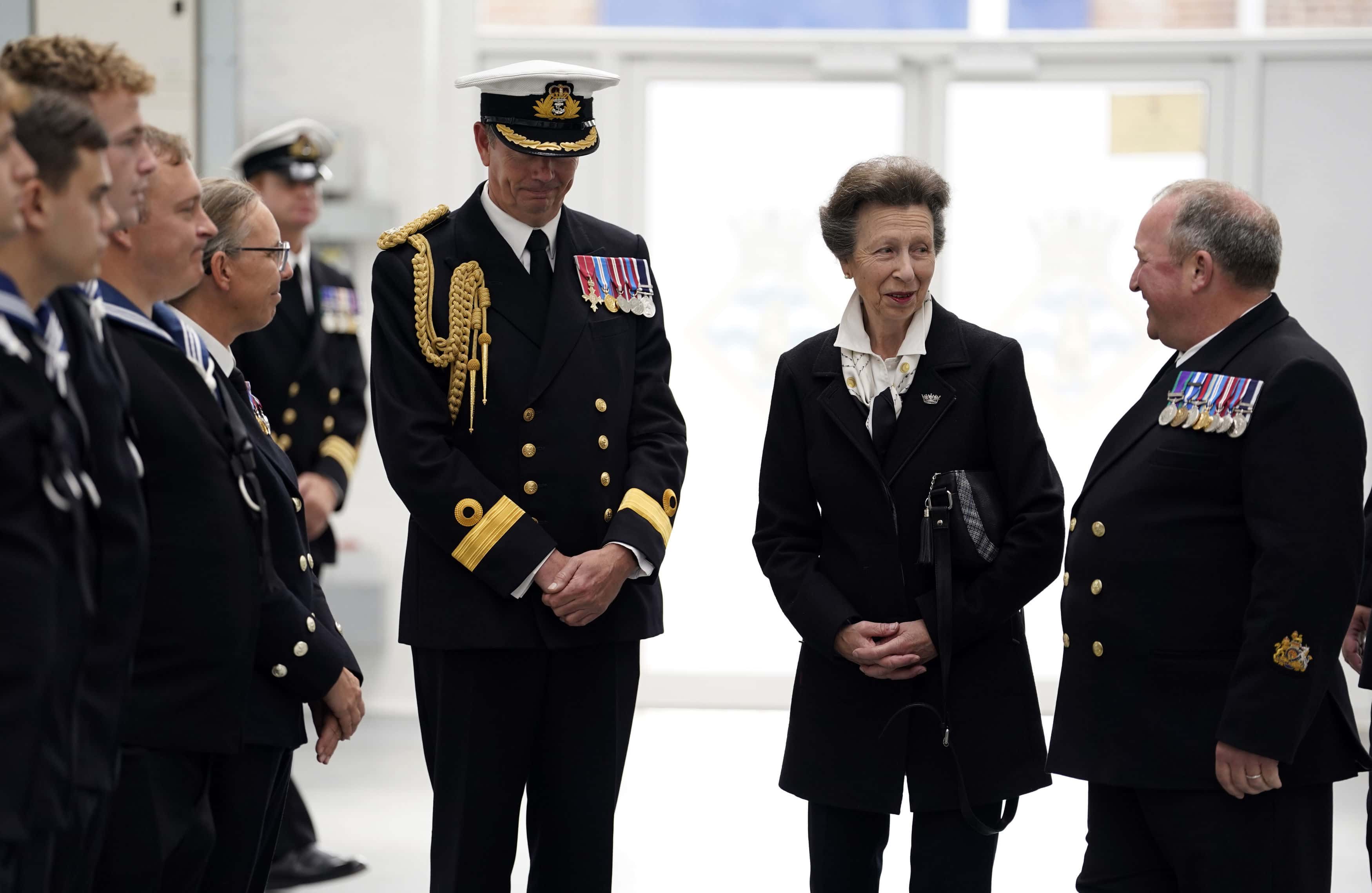 Princess Anne, Princess Royal, as Commodore-in-Chief Portsmouth, meets Royal Navy personnel as she visits Portsmouth Naval Base to meet and thank members of the armed forces involved in her Majesty Queen Elizabeth II's funeral on September 22, 2022 in Portsmouth, United Kingdom.