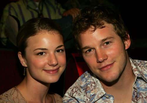 Actress Emily VanCamp and actor Chris Pratt pose inside at the Cinevegas opening night film 