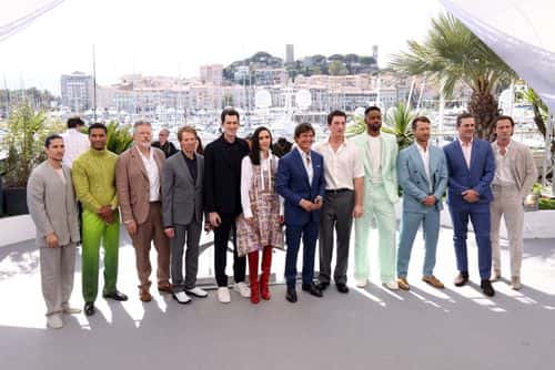 (L to R) Danny Ramirez, Greg Davis, Christopher McQuarrie, Jerry Bruckheimer, Joseph Kosinski, Jennifer Connelly, Tom Cruise, Miles Teller, Jay Ellis, Glen Powell, Jon Hamm and Lewis Pullman attend a cast photo call for
