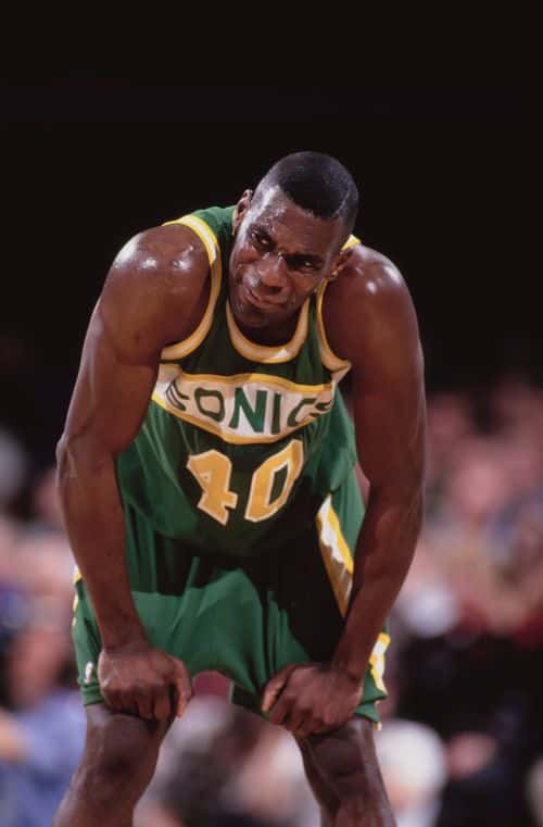 Shawn Kemp #40, Power Forward and Center for the Seattle SuperSonics during the NBA Midwest Division basketball game against the Denver Nuggets on 22nd January 1994 at the McNichols Sports Arena, Denver, Colorado, United States. The Nuggets won the game 98 - 91.  (Photo by Tim DeFrisco/Allsport/Getty Images)