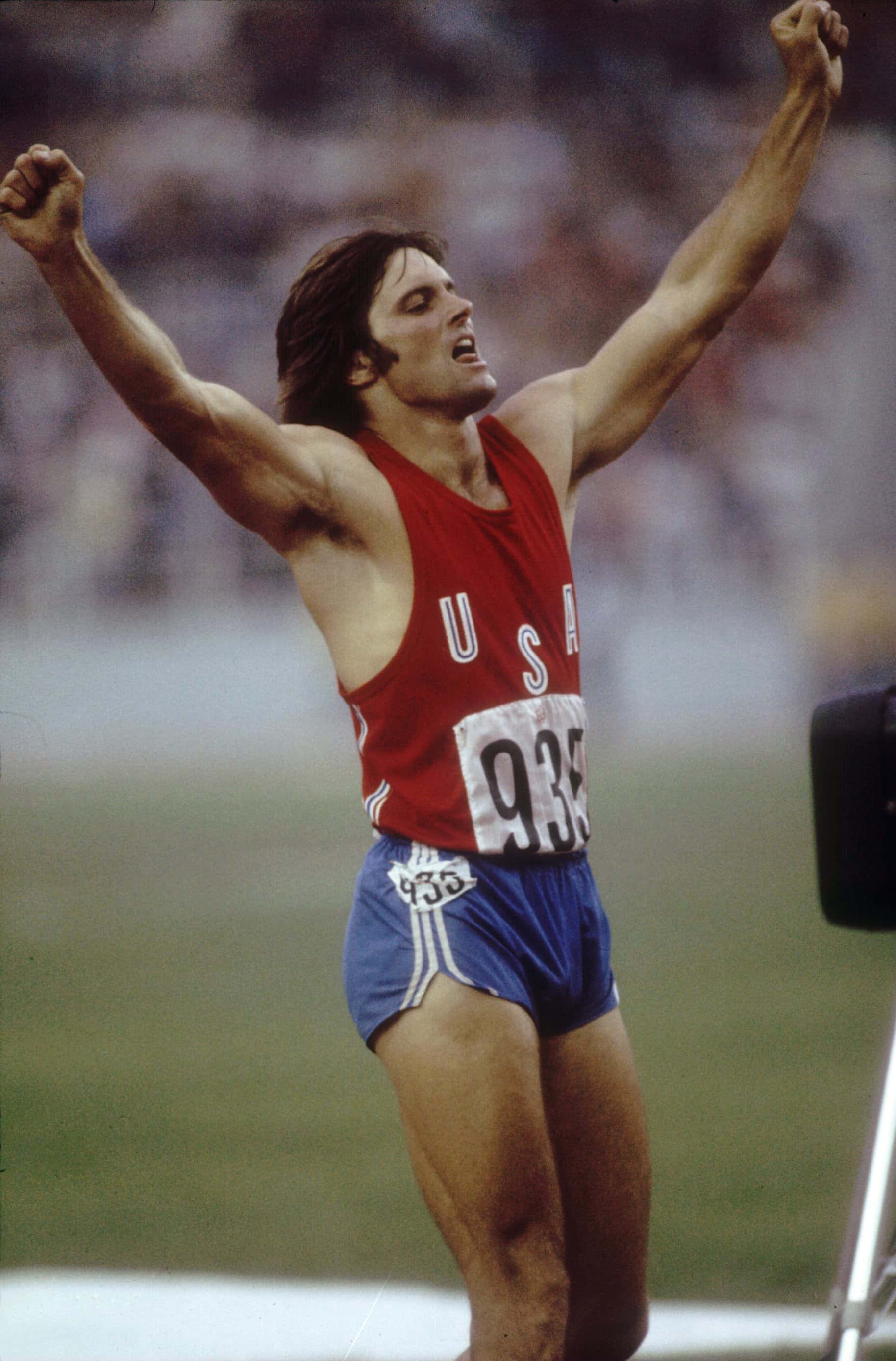Jul 1976: Bruce Jenner of the USA celebrates during his record setting performance in the decathlon in the 1976 Summer Olympics in Montreal, Canada. Mandatory Credit: Tony Duffy/Allsport
