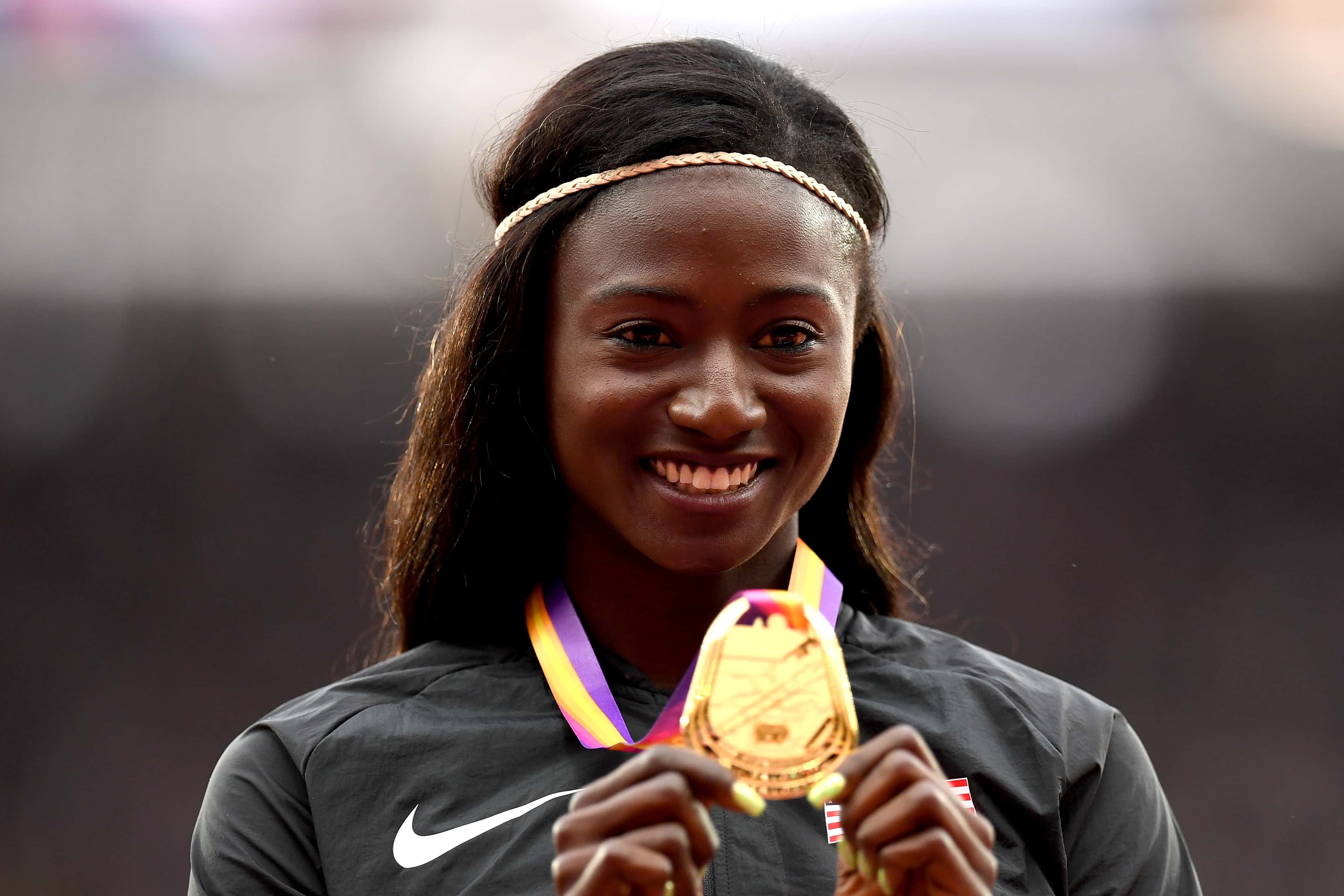  Tori Bowie of the United States poses with the gold mdeal for the Women's 100 metres during day four of the 16th IAAF World Athletics Championships London 2017 at The London Stadium on August 7, 2017, in London, United Kingdom. (Photo by Matthias Hangst/Getty Images)