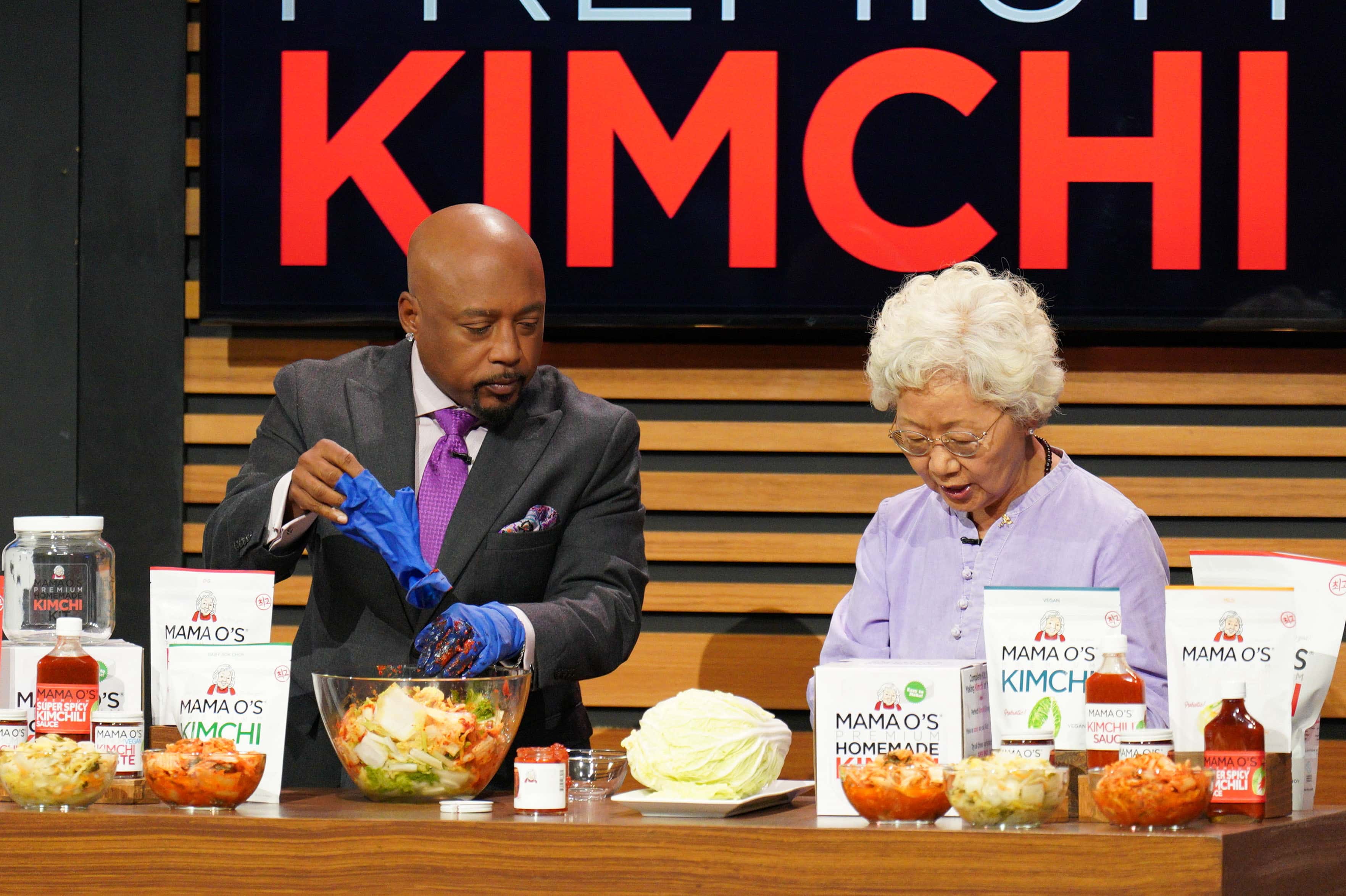 Daymond John with Mama O' Premium Kimchi founder Myung Oh on 'Shark Tank' (ABC)