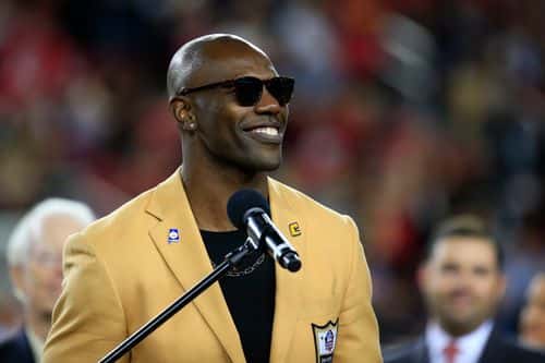 2018 Hall of Fame inductee Terrell Owens speaks during a ceremony at halftime of the game between the San Francisco 49ers and the Oakland Raiders at Levi's Stadium on November 1, 2018 in Santa Clara, California.