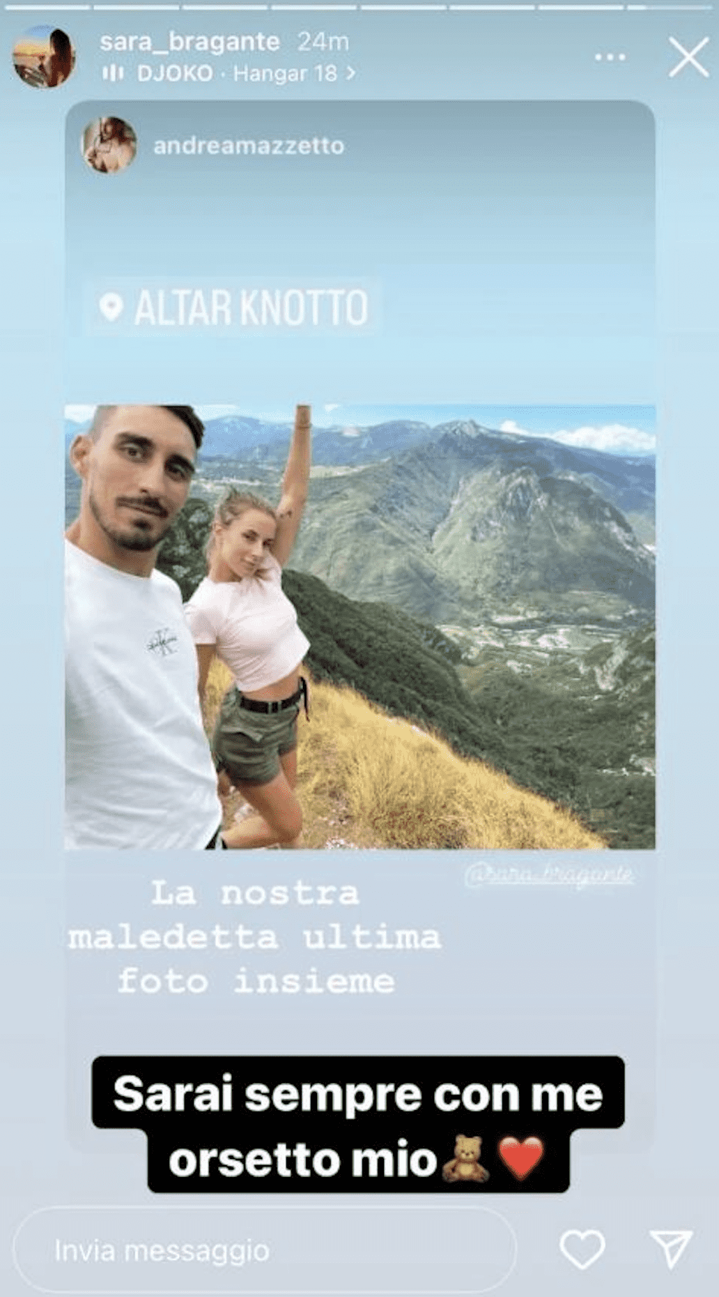 Screenshot of Sara Bragante's Instagram story after Mazzetto passed away (Sara Bragante/Newsflash)