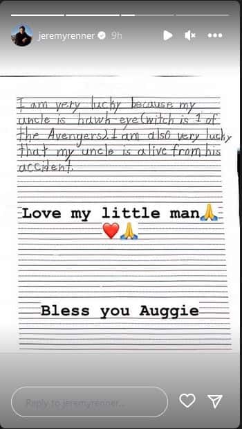 Jeremy Renner shared to Instagram a heartfelt note that his young nephew sent him following his snow plow accident (@jeremyrenner/Instagram)