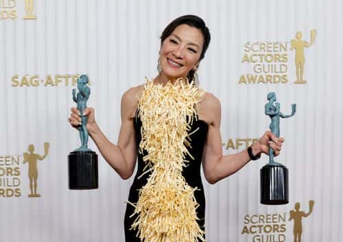 Michelle Yeoh, winner of the Outstanding Performance by a Female Actor in a Leading Role and Outstanding Performance by a Cast in a Motion Picture awards for “Everything Everywhere All at Once,” poses in the press room during the 29th Annual Screen Actors Guild Awards at Fairmont Century Plaza on February 26, 2023 in Los Angeles, California.