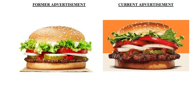 Comparison of Burger King Whopper advertisement before September 2017 and after. Photo used in May 2022 court filling from plantiffs suing the chain for false advertisement among other things (United States District Court, Southern District Of Florida) 