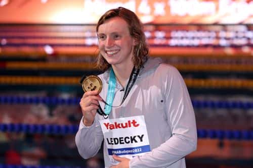 Gold medallist Katie Ledecky of Team United States poses for a photo during the medal ceremony for the Women's 800m Freestyle Final on day seven of the Budapest 2022 FINA World Championships at Duna Arena on June 24, 2022 in Budapest, Hungary.