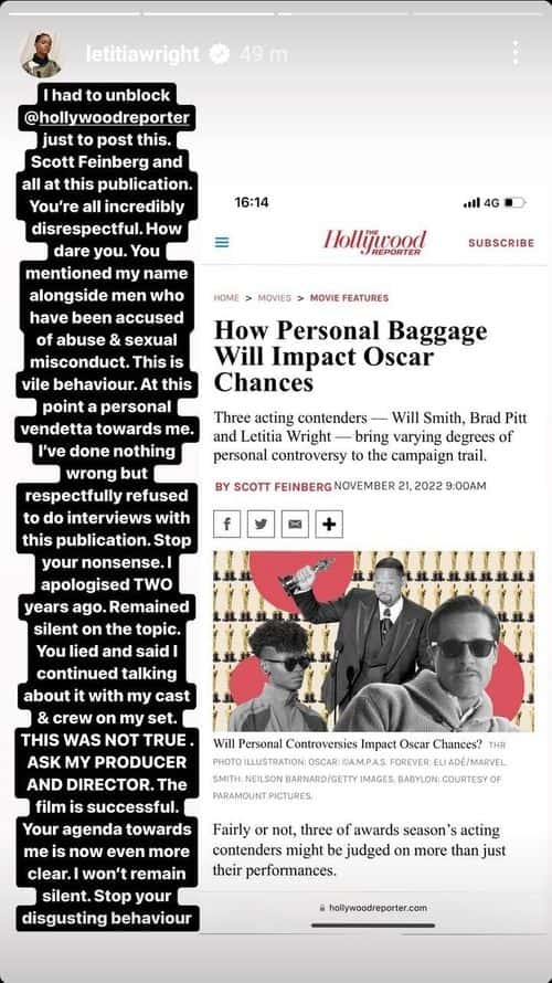 Screenshot of Letitia Wright's Instagram story (Instagram/@letitiawright)