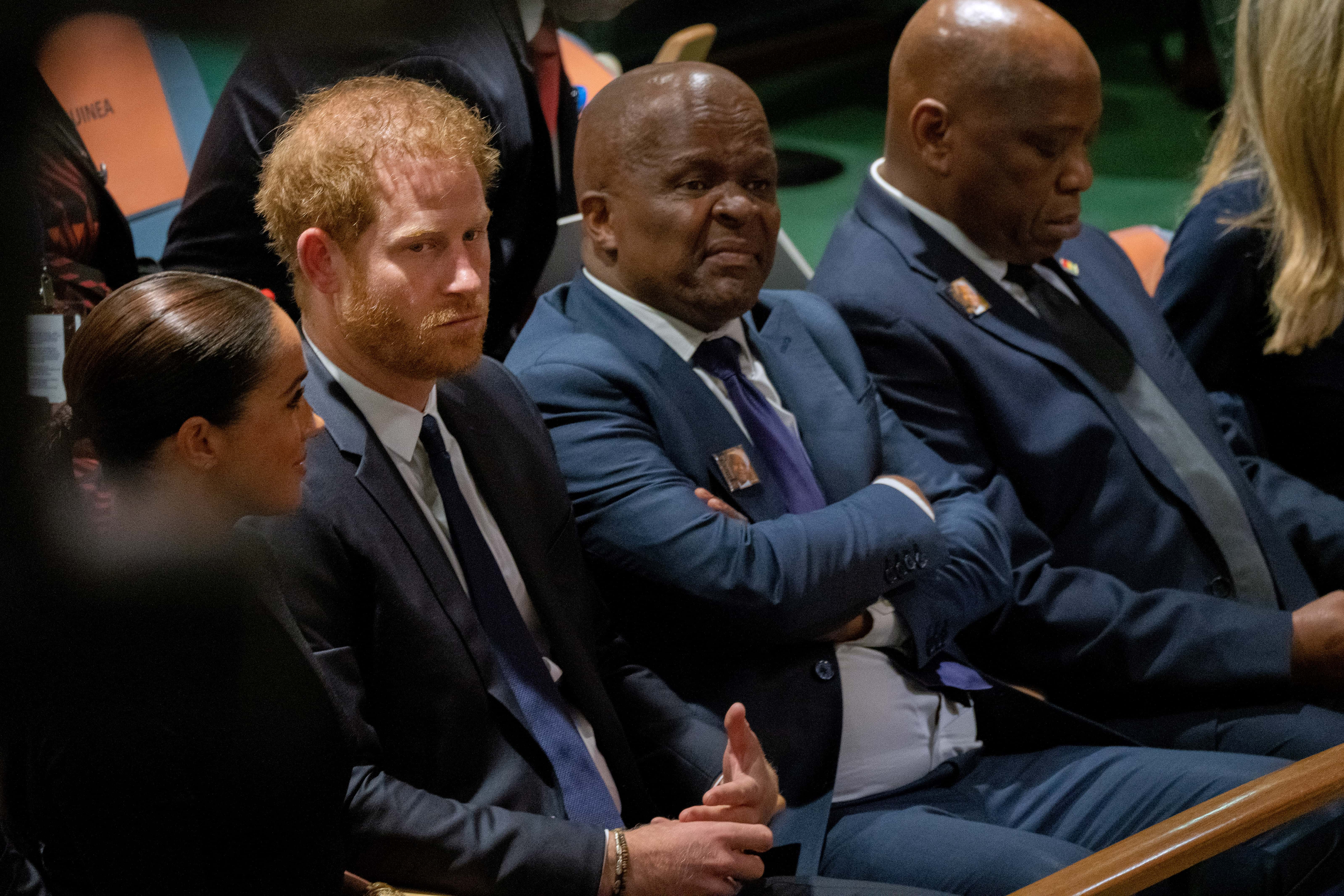 Prince Harry, Duke of Sussex and Meghan, Duchess of Sussex attend the United Nations General Assembly on Nelson Mandela International Day at U.N. headquarters on July 18, 2022 in New York City. Nelson Mandela International Day was officially declared by the United Nations in November of 2009 and was first celebrated on July 18, 2010. The 2020 U.N. Nelson Mandela Prize is being awarded to Mrs. Marianna Vardinogiannis of Greece and Dr. Morissanda Kouyaté of Guinea. (Photo by David Dee Delgado/Getty Images)