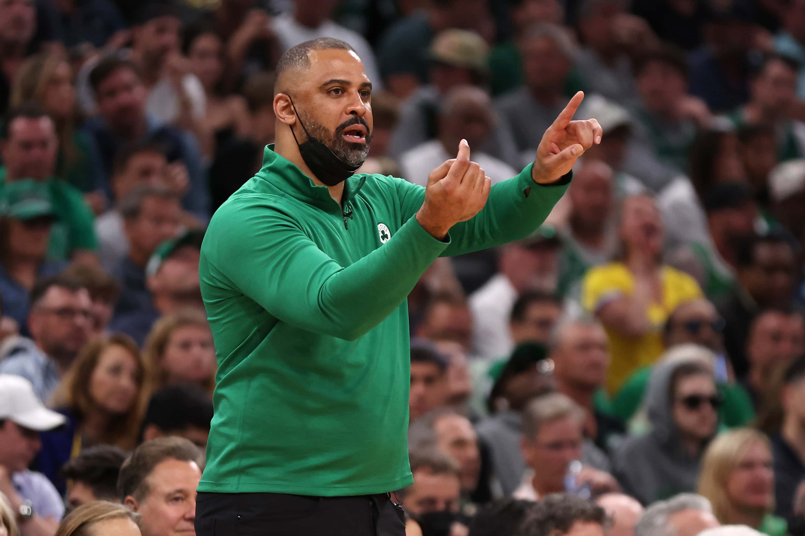 Head coach Ime Udoka of the Boston Celtics calls out a play in the fourth quarter against the Golden State Warriors during Game Three of the 2022 NBA Finals at TD Garden on June 08, 2022 in Boston, Massachusetts. NOTE TO USER: User expressly acknowledges and agrees that, by downloading and/or using this photograph, User is consenting to the terms and conditions of the Getty Images License Agreement. (Photo by Maddie Meyer/Getty Images)