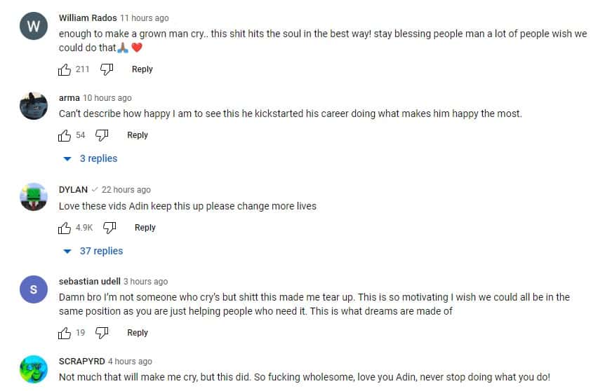 Comments left on Adin (Adin Live/YouTube)