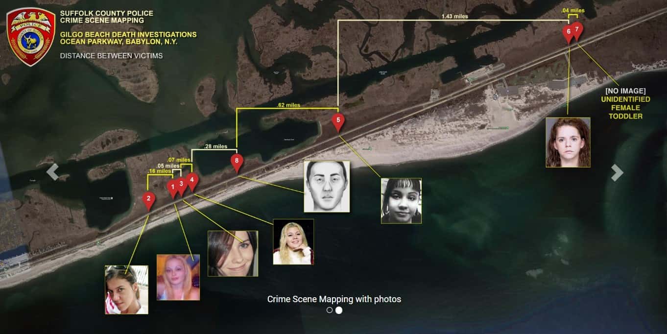 A map released by the SCPD showed the when and where the bodies of the Gilgo Beach murders' victims were found (Suffolk County Police Department)
