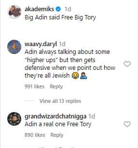 Comments raised on Adin Ross (akademisks/Instagram)