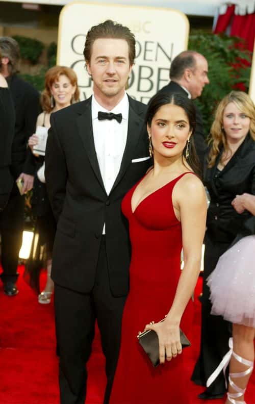 Actor Edward Norton and actress Salma Hayek attend the 60th Annual Golden Globe Awards at the Beverly Hilton Hotel on January 19, 2003 in Beverly Hills, California.