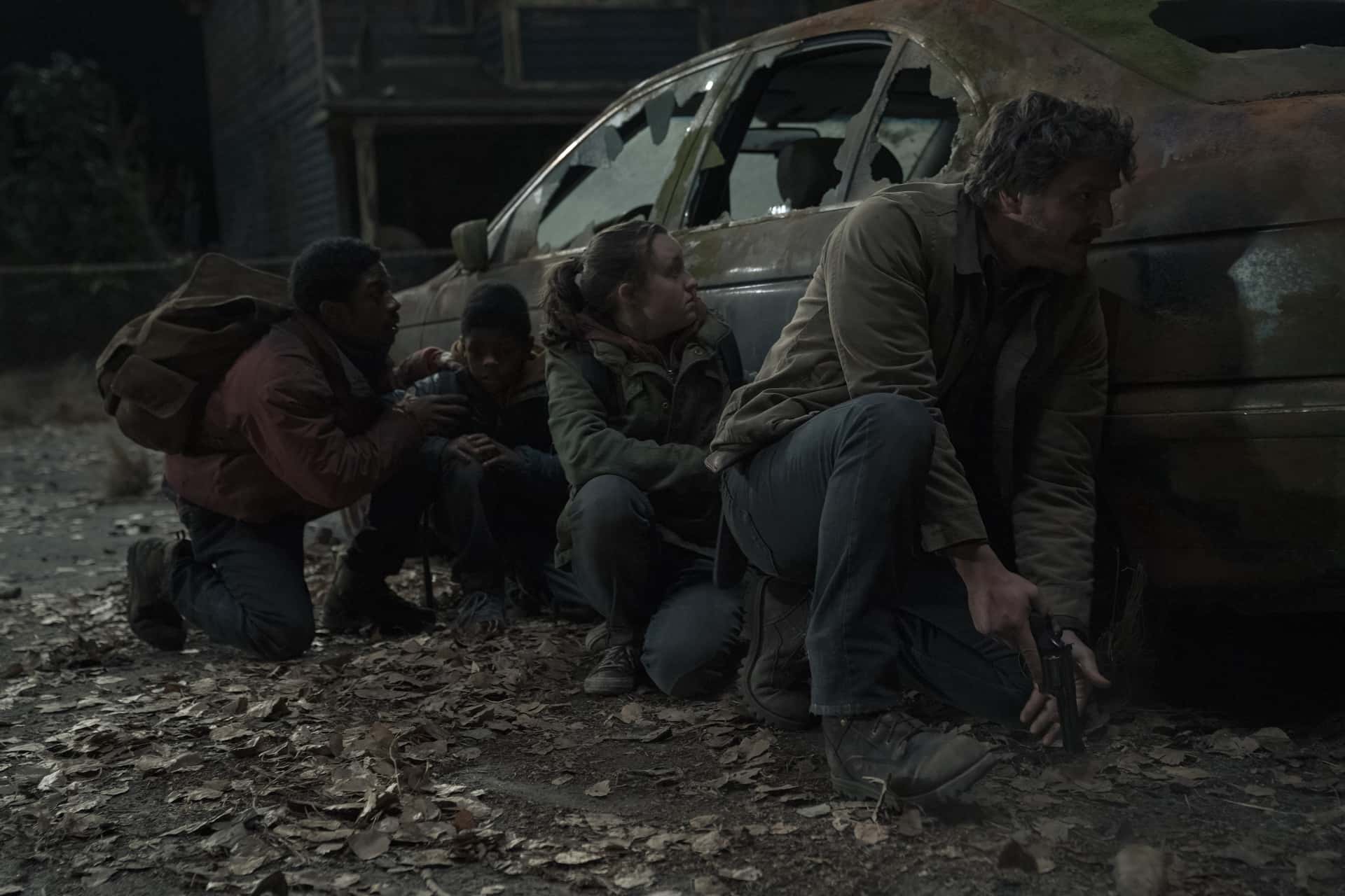 Lamar Johnson (Henry), Keivonn Woodard (Sam), Bella Ramsey (Ellie) and Pedro Pascal (Joel) in 'The Last of Us' (HBO)