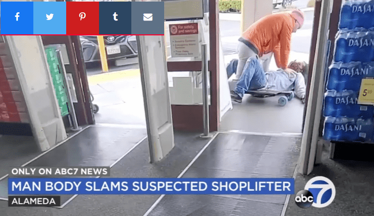 Kevin can be seen holding the shoplifter to the ground (KGO-TV)
