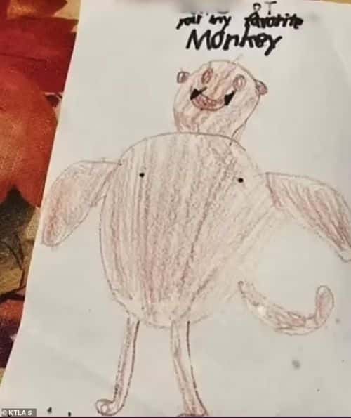 This is another&nbsp;drawing that was given to the kid that featured a giant brown monkey on one side of a card along with the words 'you're my favorite&nbsp;monkey' (KTLA 5)
