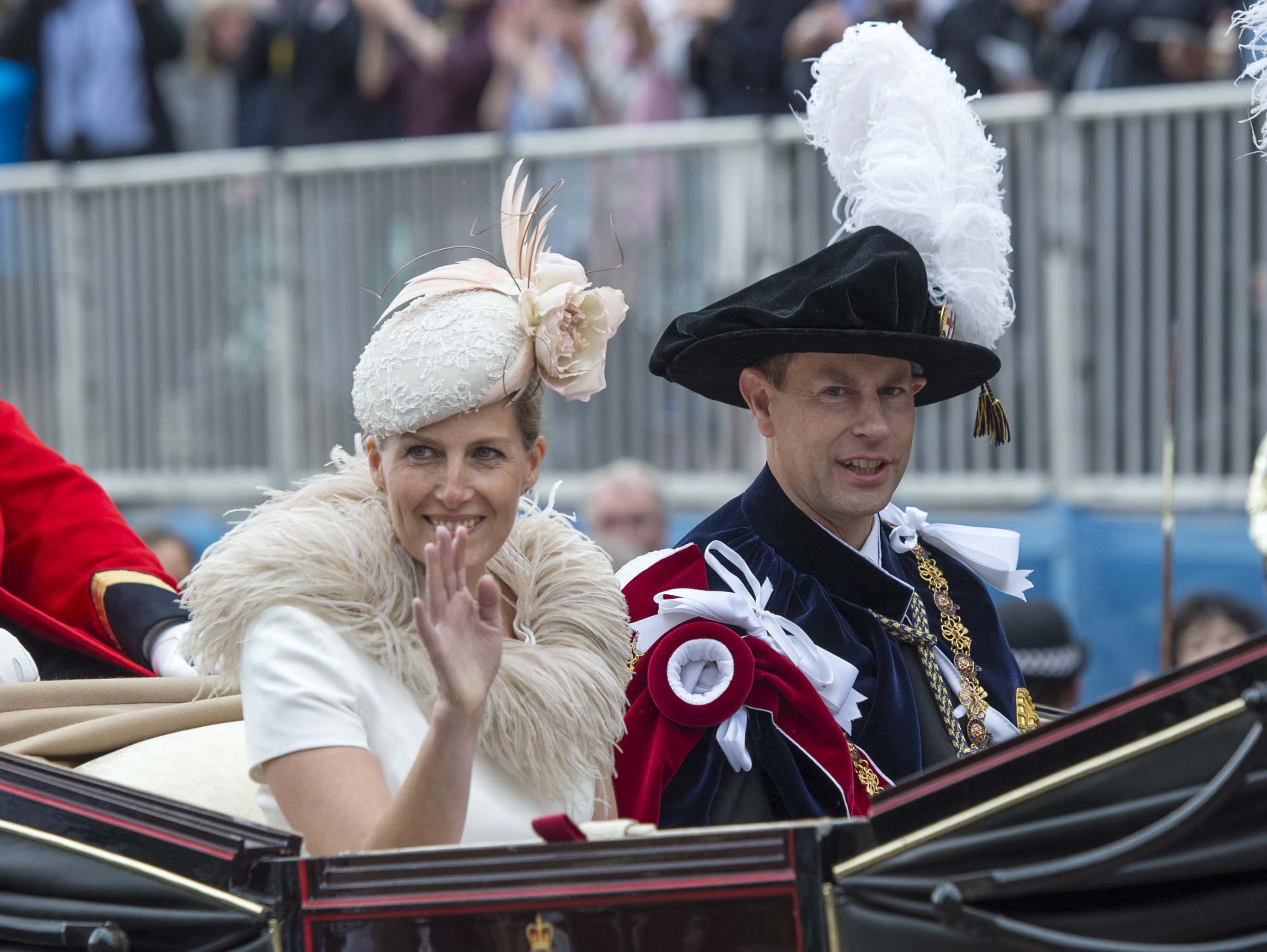 Sophie, Countess of Wessex and Prince Edward, Earl of Wessex travel by carriage after the Most Noble Order of the Garter Ceremony on June 16, 2014 in Windsor, England. The Order of the Garter is the senior and oldest British Order of Chivalry, founded by Edward III in 1348. Membership in the order is limited to the sovereign, the Prince of Wales, and no more than twenty-four members.