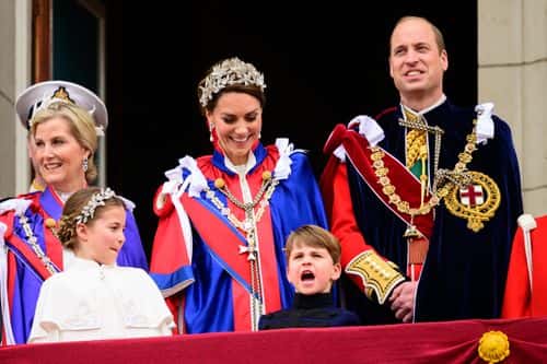 Sophie, Duchess of Edinburgh, Princess Charlotte, Prince Louis, Catherine, Princess of Wales and Prince William, Prince of Wales stand on the balcony of Buckingham Palace during the Coronation of King Charles III and Queen Camilla on May 06, 2023 in London, England. The Coronation of Charles III and his wife, Camilla, as King and Queen of the United Kingdom of Great Britain and Northern Ireland, and the other Commonwealth realms takes place at Westminster Abbey today. Charles acceded to the throne on 8 September 2022, upon the death of his mother, Elizabeth II.