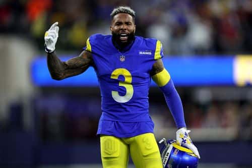Odell Beckham Jr. #3 of the Los Angeles Rams reacts during the second quarter of the game against the Arizona Cardinals in the NFC Wild Card Playoff game at SoFi Stadium on January 17, 2022 in Inglewood, California.