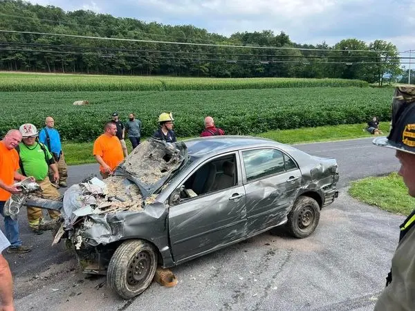 The totaled Toyota Corolla after being pulled from the home (Junction Fire Company)