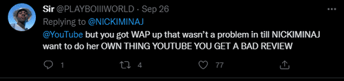 One user on Twitter supported Nicki Minaj after YouTube put an age restriction on her new music video (Photo credit screenshot @NICKIMINAJ/Twitter)