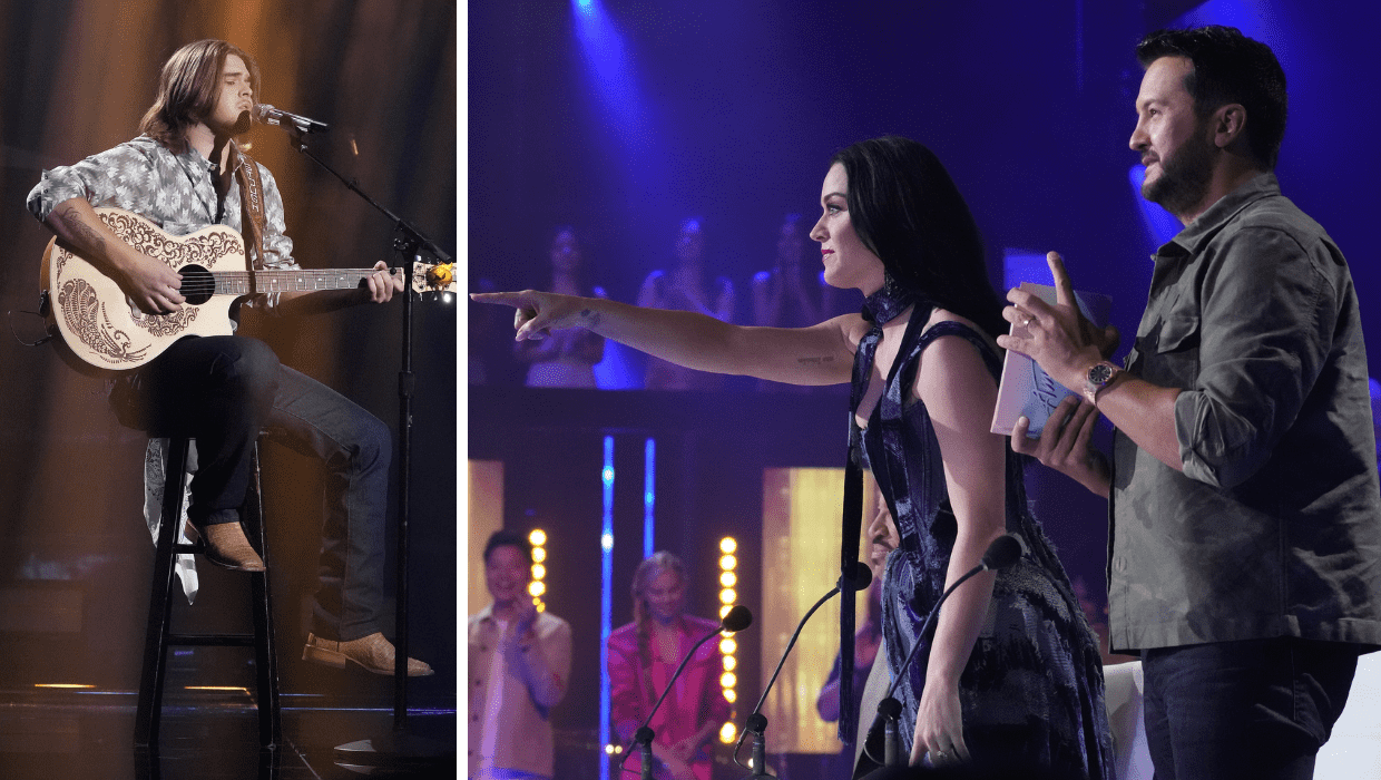 Katy Perry (C) and Luke Bryan (R) praise Colin Stough (L) (ABC)