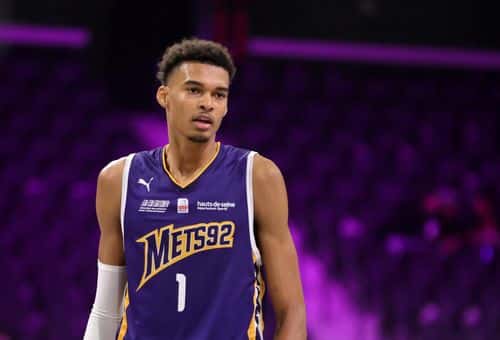 Victor Wembanyama #1 of Boulogne-Levallois Metropolitans 92 walks on the court during the first quarter of an exhibition game against G League Ignite at The Dollar Loan Center on October 04, 2022 in Henderson, Nevada. Ignite defeated Metropolitans 92 122-115. NOTE TO USER: User expressly acknowledges and agrees that, by downloading and or using this photograph, User is consenting to the terms and conditions of the Getty Images License Agreement.
