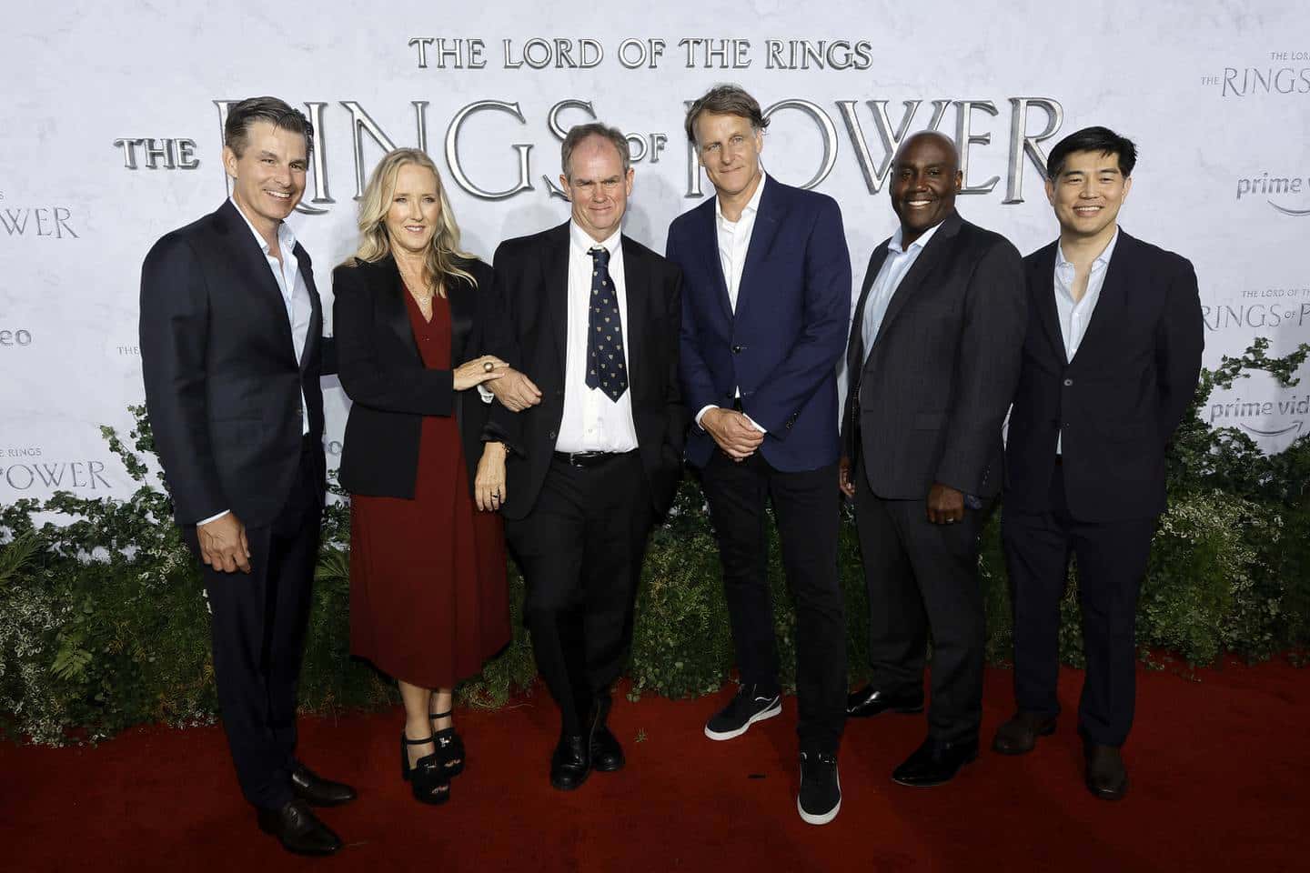 CULVER CITY, CALIFORNIA - AUGUST 15: (L-R) Mike Hopkins, SVP of Prime Video, Amazon Studios & MGM, Jennifer Salke, Head of Amazon Studios, Simon Tolkien, Jeff Blackburn, Amazon SVP of Media & Entertainment, Vernon Sanders, Amazon Studios Head of TV and Albert Cheng, Amazon Studios COO attend the premiere of Prime Video's
