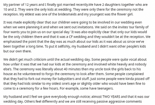Woman recalls guests reactions to her 'child-free' wedding. (Reddit)