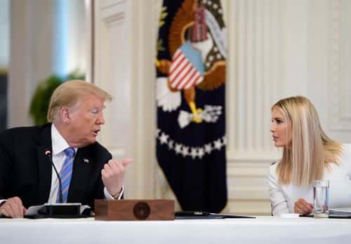 U.S. President Donald Trump talks with White House advisor Ivanka Trump during a meeting of the American Workforce Policy Advisory Board in the East&nbsp;Room of the White House on June 26, 2020 in Washington, DC. Earlier in the day President Trump canceled his scheduled weekend trip to his private golf club in Bedminster, New Jersey which the state now has a mandatory 14-day quarantine for travelers coming from states with coronavirus spikes.